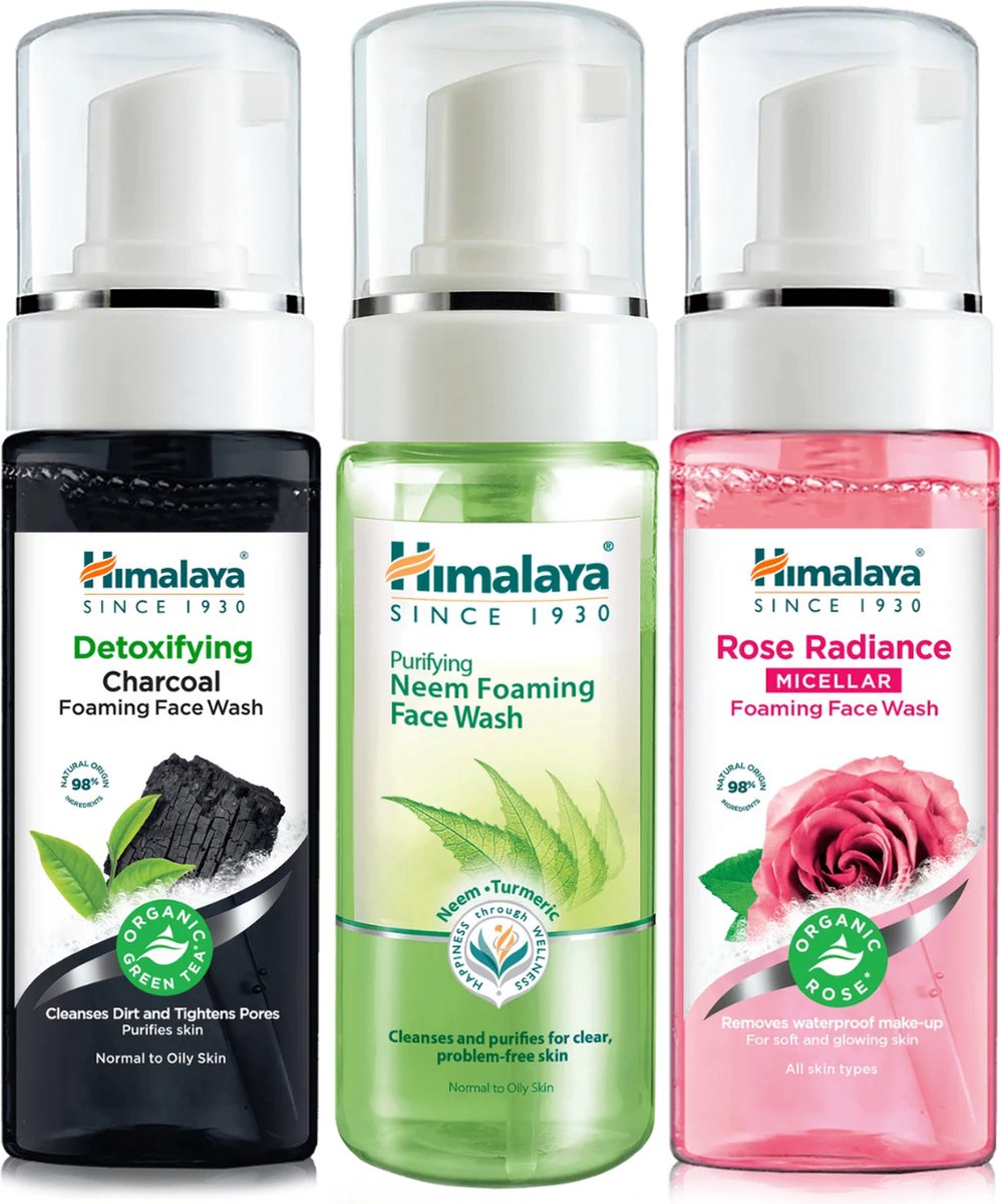 Himalaya Herbals Face Wash Gezichtsreiniging Set - 3 x 150ml - Rose Micellair Foaming Face Wash - Charcoal & Neem Foaming Face Wash -