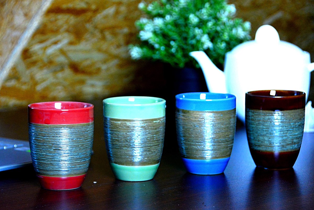 Set van 4 Simple Solutions Koffie Kopjes Zonder Oor Blauw met Streep - Keramiek - Cadeau - Feestdagen - Thee - 200ml