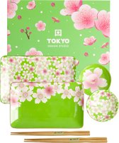 Tokyo Design Studio - Kawaii - Bloemen - Sushi Set - 6-delig - 2 Persoons - groen roze bloemen