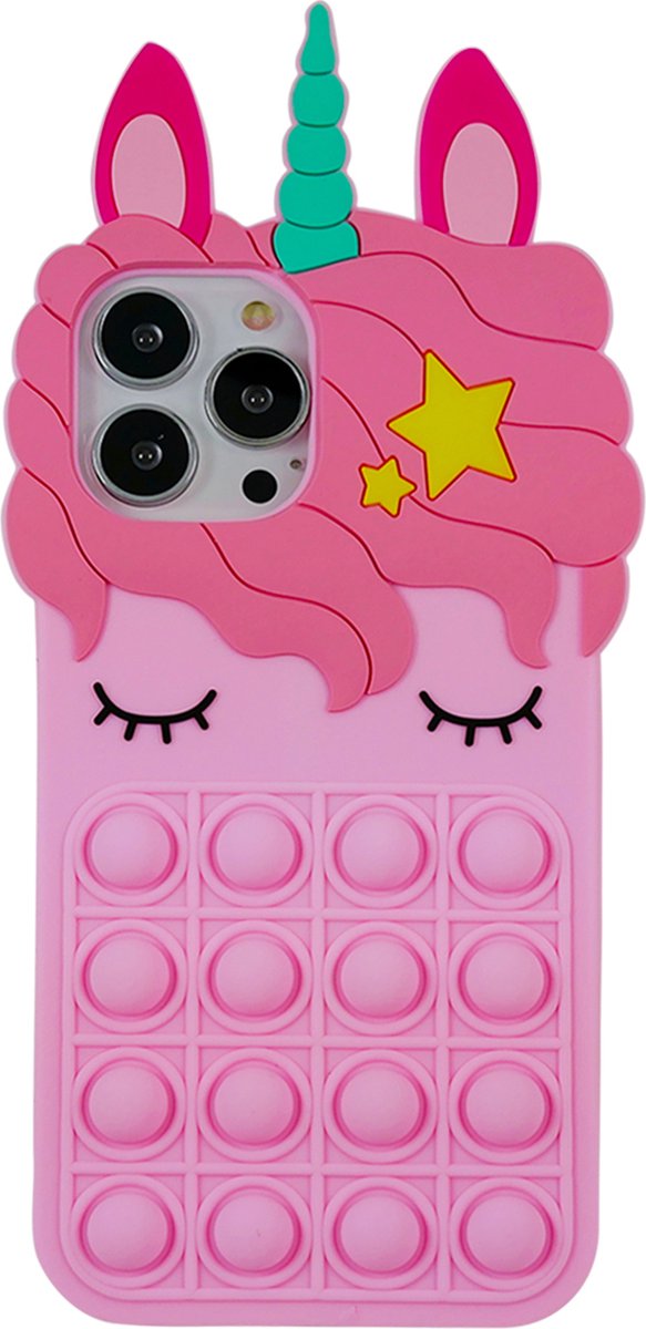 Peachy Unicorn Pop Fidget Bubble siliconen hoesje geschikt voor iPhone 15 Pro - roze