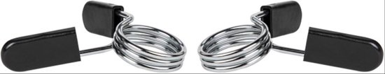 Twee veerclipsluitingen met zilverkleurige metalen veren en zwarte handvatten.