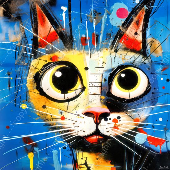 JJ-Art (Aluminium) 80x80 | Gekke poes / kat met grote ogen, abstract, kunst, felle kleuren, kleurrijk | dier, blauw, geel, rood, vierkant, modern | foto-schilderij op dibond, metaal wanddecoratie