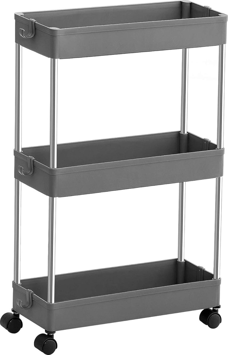 Rolwagen, keukentrolley met 3 niveaus, keukenrek, nisrek op wieltjes, smal, badkamerrek, ruimtebesparend, voor badkamer, keuken, cutout-design, 40 x 13,5 x 60 cm, grijs