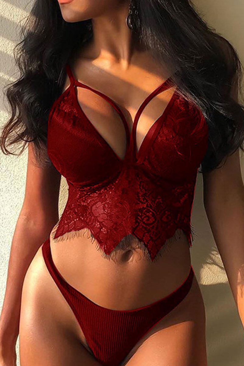Goedkoopste Bralette versierd met kanten eyelash-inzetstukken, bandjes en uitsparingen in het Rood | Sexy BH | Sexy Lingerie | Erotische BH | Bralette Dames