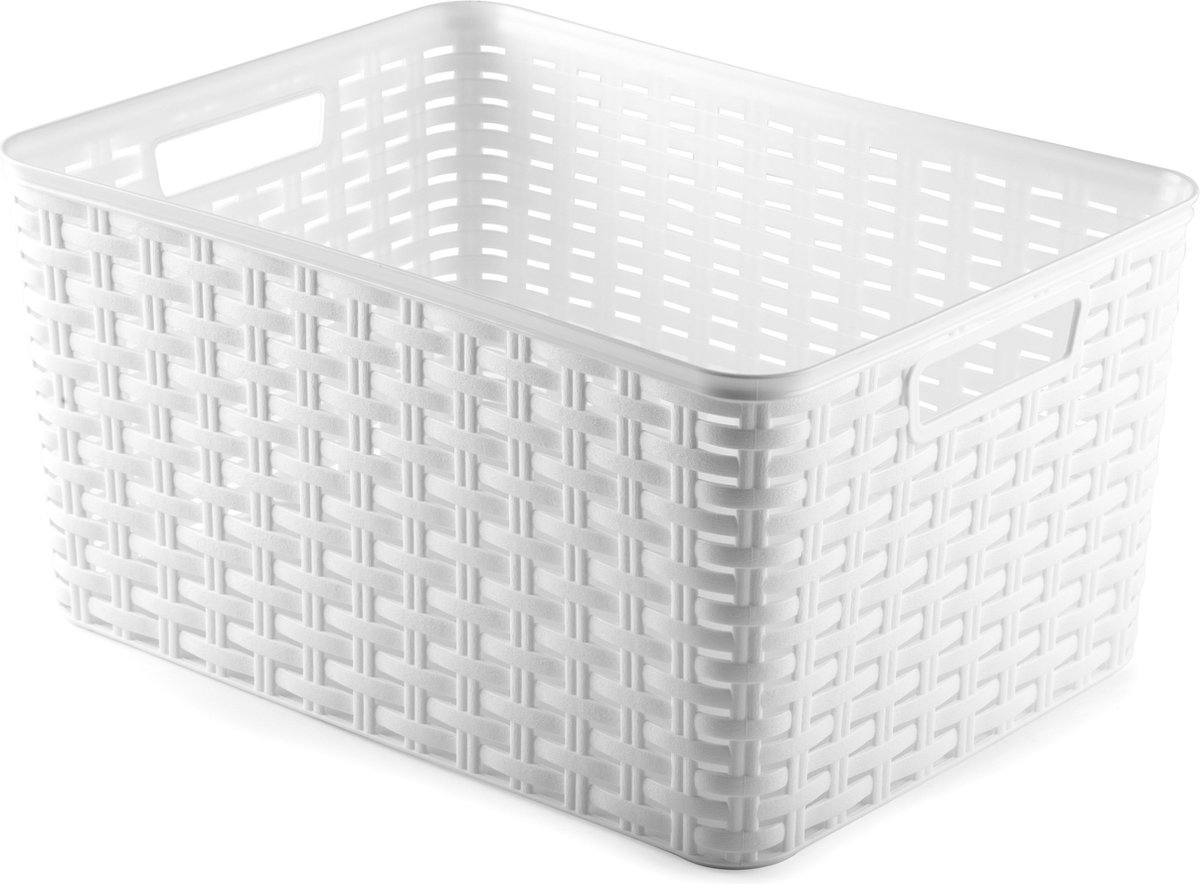 Rotan gevlochten opbergmand/opbergbox kunststof - Wit - 38 x 28 x 19 cm - Opbergbox
