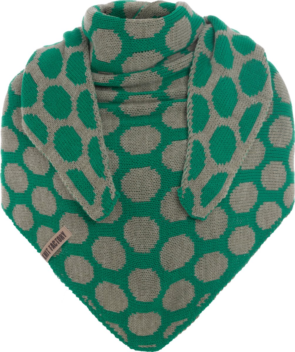Knit Factory Liva Gebreide Omslagdoek - Driehoek Sjaal Dames - Dames sjaal - Wintersjaal - Stola - Wollen sjaal - Met bolletjes motief - Bright Green/Urban Green - 180x75 cm - Inclusief sierspeld