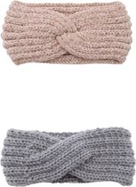 seaXons - Haarband dames – haarband winter dames – haarband roze en grijs - bandana wol dames – hoofdband winter