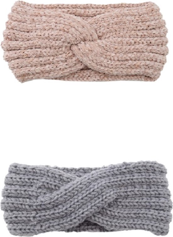 seaXons - Haarband dames – haarband winter dames – haarband roze en grijs - bandana wol dames – hoofdband winter
