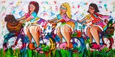 3 Dikke dames op de fiets | Vrolijk Schilderij | 120x60cm | Dikte 2 cm | Canvas schilderijen woonkamer | Wanddecoratie | Schilderij op canvas | Kunst | Corrie Leushuis