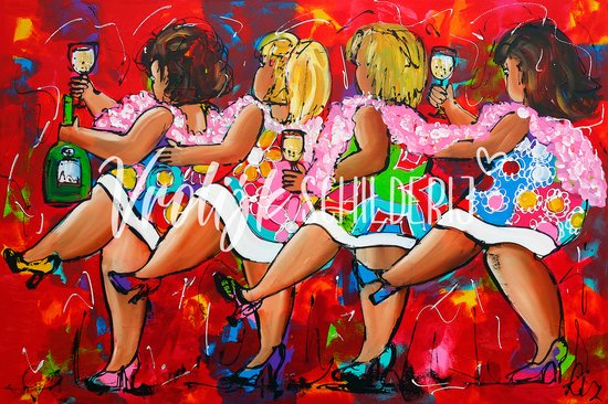 4 Dansende dikke dames | Vrolijk Schilderij | 90x60cm | Dikte 2 cm | Canvas schilderijen woonkamer | Wanddecoratie | Schilderij op canvas | Kunst | Corrie Leushuis