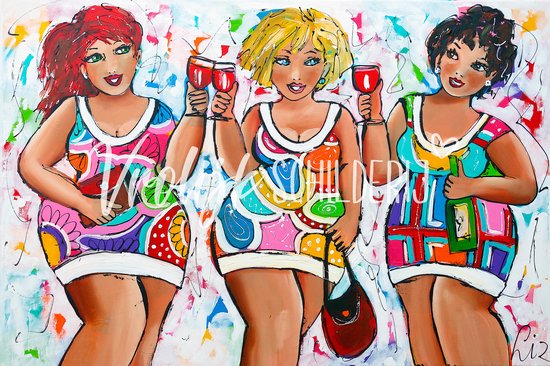 Dikke dames klaar voor een feestje | Vrolijk Schilderij | 120x80cm | Dikte 2 cm | Canvas schilderijen woonkamer | Wanddecoratie | Schilderij op canvas | Kunst | Corrie Leushuis