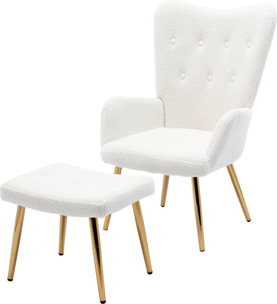 Merax Relaxstoel met Kruk - Wingback stoel met Voetensteun - Wit met Goud