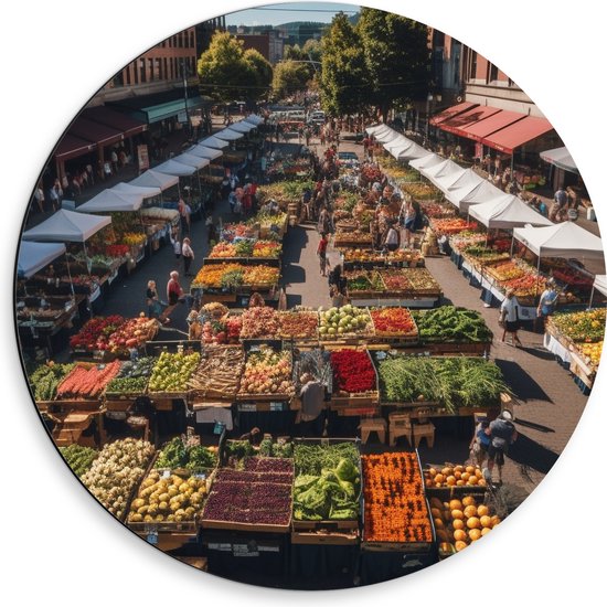 Dibond Muurcirkel - Markt - Eten - Groente - Fruit - Mensen- Kraampjes - 50x50 cm Foto op Aluminium Muurcirkel (met ophangsysteem)