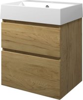 Proline Porselein Loft badmeubelset met wastafelonderkast met 2 asymmetrische lades en porseleinen wastafel zonder kraangat 60 x 73 x 46 cm, ideal oak