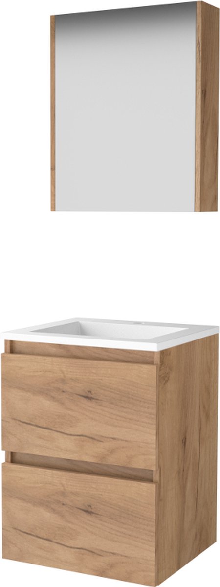 Basic Comfort 46 badmeubelset met spiegelkast, greeploze wastafelonderkast met 2 lades en acryl wastafel met 1 kraangat 50 x 46 cm, whisky oak