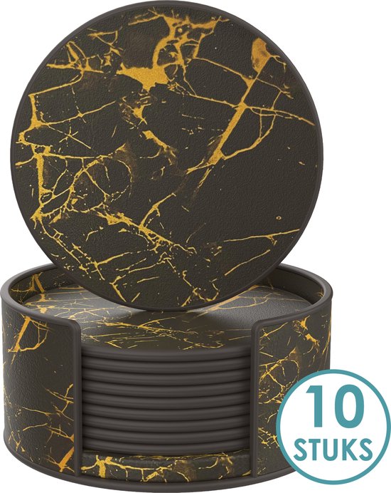Luxe Leren Marmeren Onderzetters met Houder - 10 stuks - Onderleggers voor Glazen - Glasonderzetters voor op Tafel - Coasters - Zwart / Goud - Rond