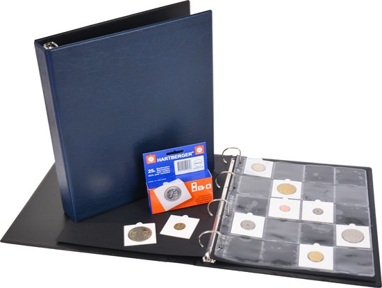 Blauw Hartberger muntenalbum, open met muntenpagina's, een doosje munthouders en losse munten.