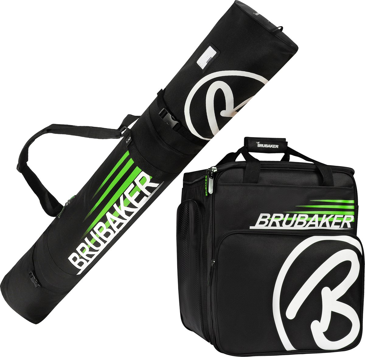 BRUBAKER Combi-set Champion Skitas en Skischoen tas voor 1 paar ski's tot 190 cm + stokken + schoenen + helm zwart groen