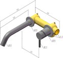 Technische tekening van een matte gouden wastafelkraan met matgrijze details en afmetingen.