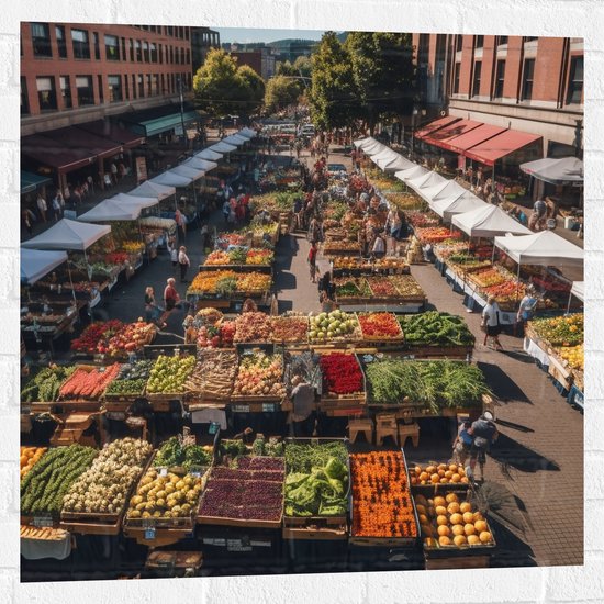 Muursticker - Markt - Eten - Groente - Fruit - Mensen- Kraampjes - 80x80 cm Foto op Muursticker