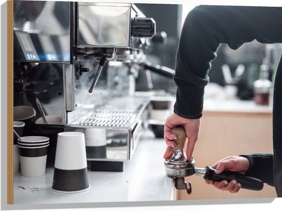 Hout - Koffiezetapparaat - Koffie - Drinken - Bekers - 80x60 cm - 9 mm dik - Foto op Hout (Met Ophangsysteem)