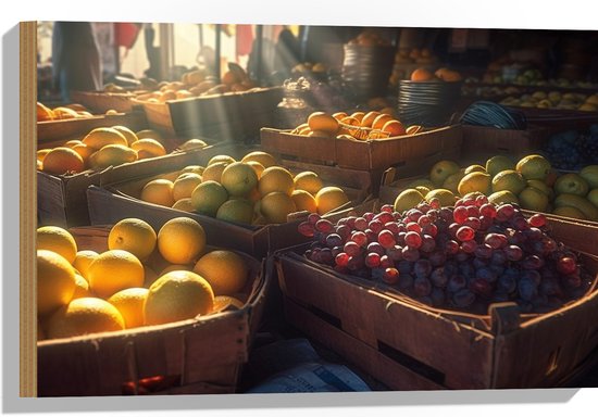 Hout - Markt - Groente - Fruit - Kratten - 60x40 cm - 9 mm dik - Foto op Hout (Met Ophangsysteem)