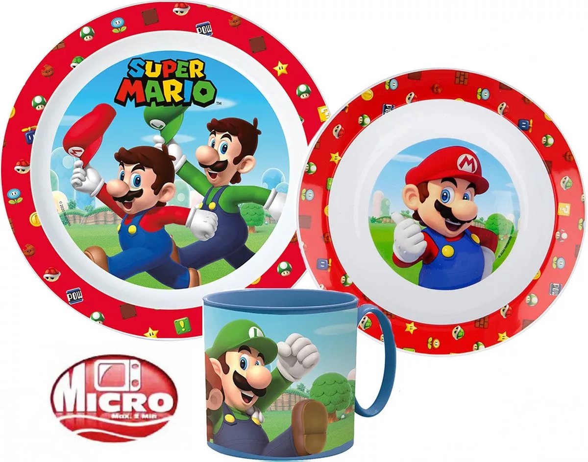 Super Mario Ontbijtset -3 delig - Super Mario Servies - BPA Vrij - Lunchsetje - Super Mario Bord - Super Mario Beker - Cadeau Jongen 5 Jaar - Cadeau Jongen 3 Jaar - Verjaardagscadeau Jongen - Cadeau Kind