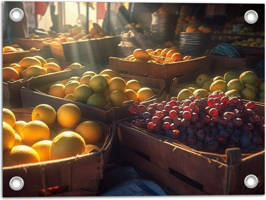 Tuinposter – Markt - Groente - Fruit - Kratten - 40x30 cm Foto op Tuinposter (wanddecoratie voor buiten en binnen)