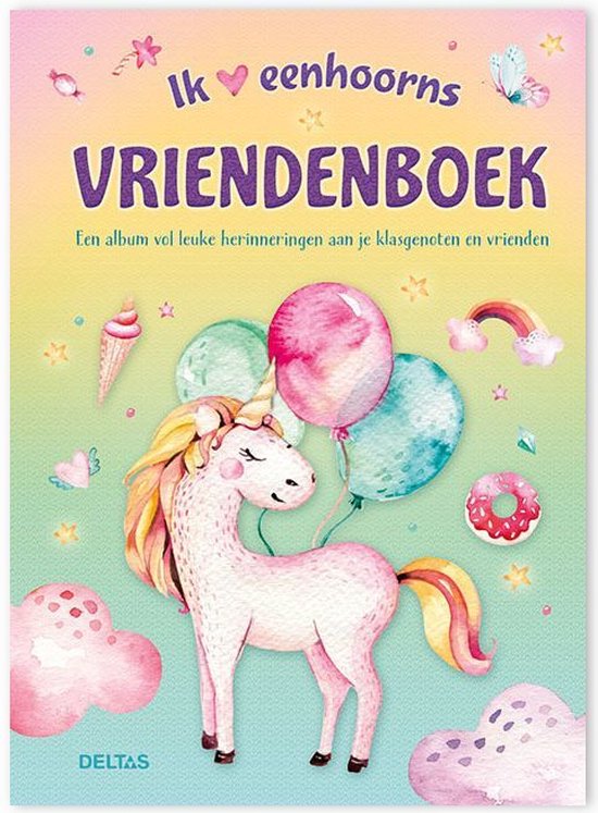 Een vriendenboek met de tekst 'Ik hou van eenhoorns Vriendenboek', eenhoorn met ballonnen, ijsjes, donut en wolken.