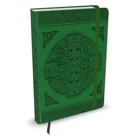 Groen notitieboek met Keltisch kruis en patronen, met elastische sluiting en lintmarker.