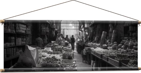 Textielposter - Markt - Eten - Zwart - Wit - 120x40 cm Foto op Textiel