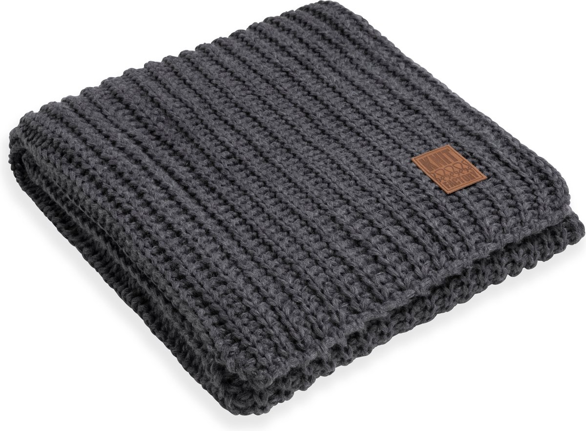 Knit Factory Cody Gebreid Plaid - Woondeken - plaid - Wollen deken - Kleed - Wollen plaid - Antraciet - 160x130 cm