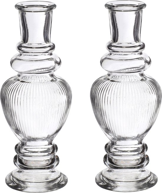 Ideas 4 Seasons Bloemenvaas Venice - 2x - voor kleine stelen/boeketten - gekleurd sierglas - ribbel transparant - D5.7 x H15 cm