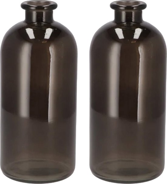 DK Design Bloemenvaas fles model - 2x - helder gekleurd glas - zwart - D11 x H25 cm