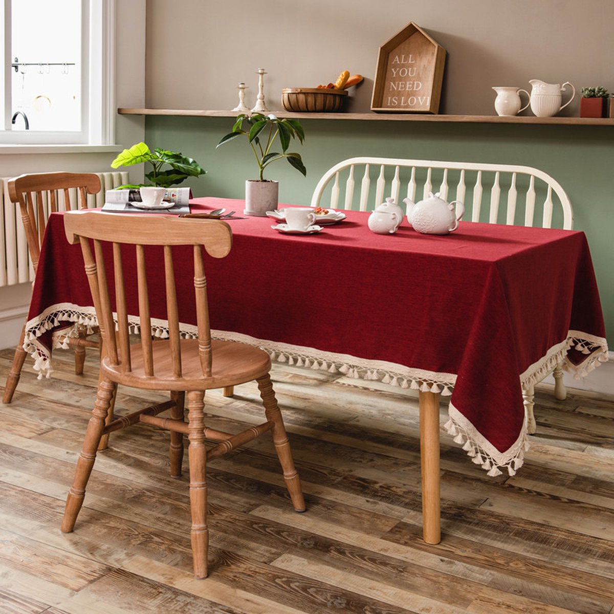 Tafelkleed Franjes - 340 x 140 cm - Katoen Tafellaken Diner - Rood Wit