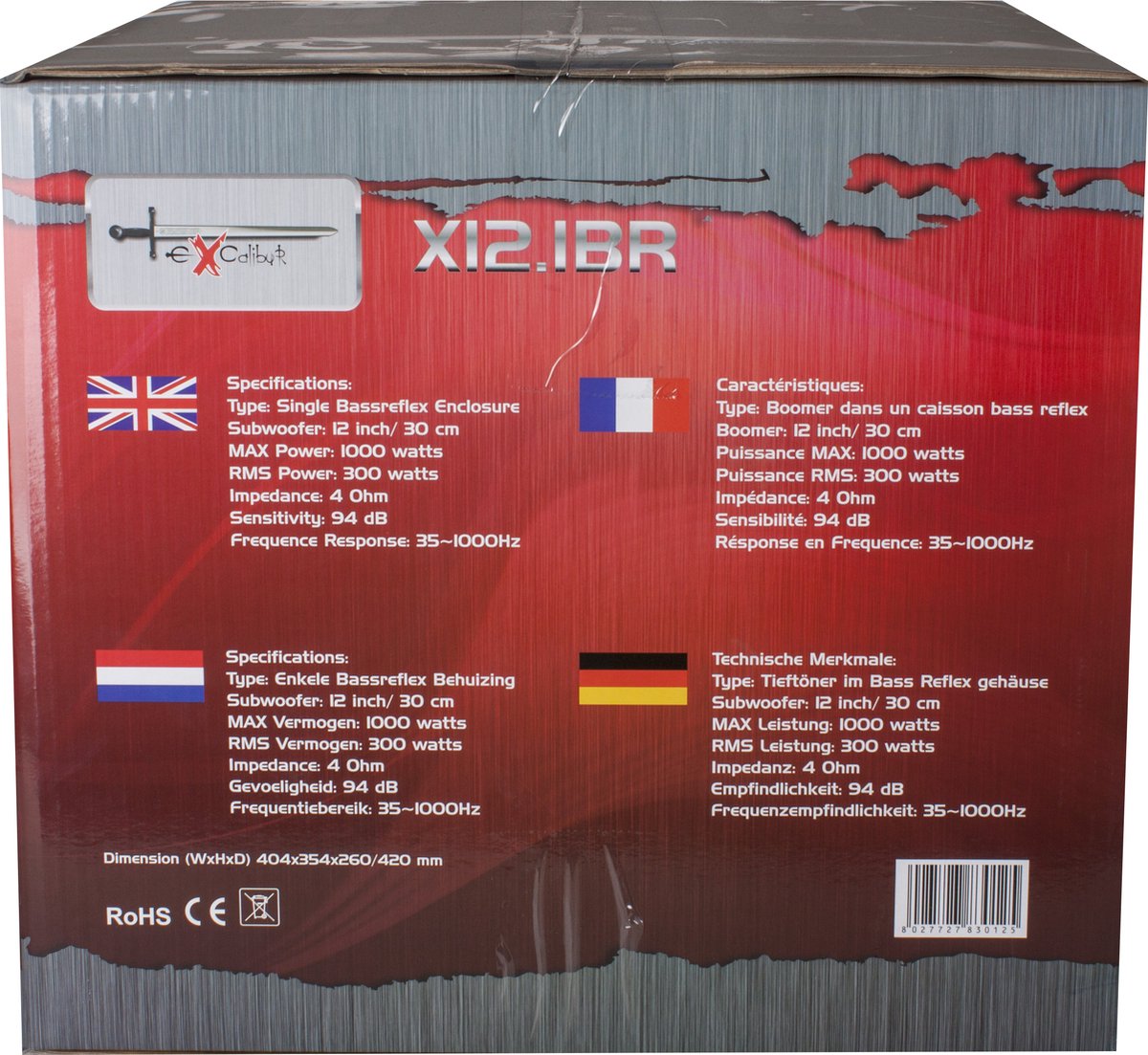 Excalibur Boombox 12'' – Auto Subwoofer in Behuizing – 12 Inch – 1000W Piek / 300W RMS – Bass Reflex – 35Hz–1000Hz – 94dB – 4Ω – foto 8
