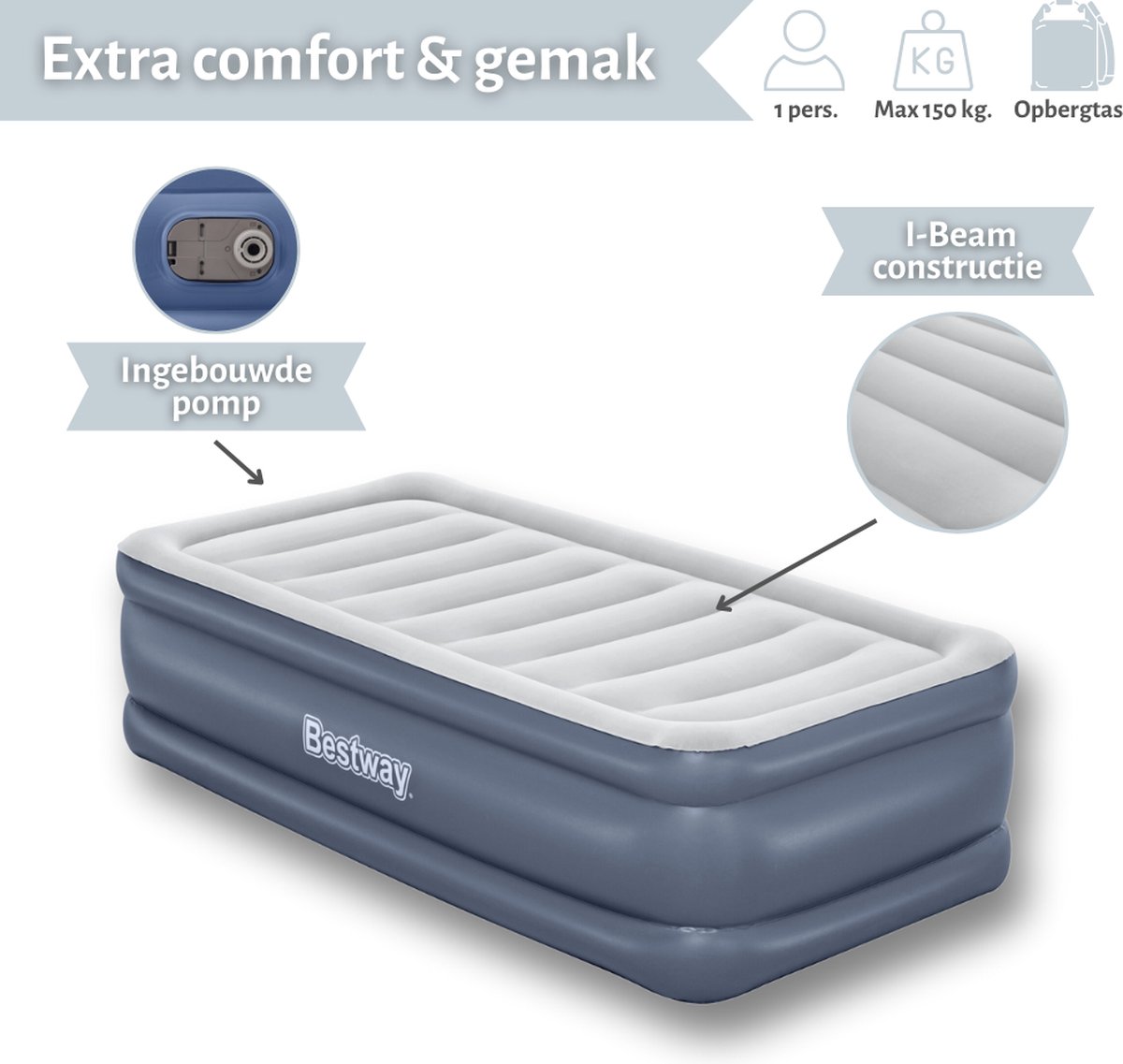 Bestway luchtbed - 1-Persoons - 97x191x51 cm (BxLxH) - Grijs - Met ingebouwde elektrische pomp - Inclusief opbergtas