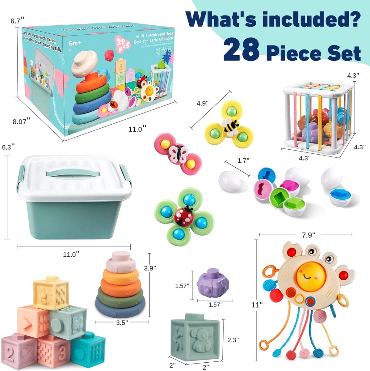Jeux de Bébé Montessori 6 mois - 3 ans 4 en 1 Anneaux Empilables en Cube  Souple Jeux de Corde à Tirer Jouets éducatifs Sensoriel