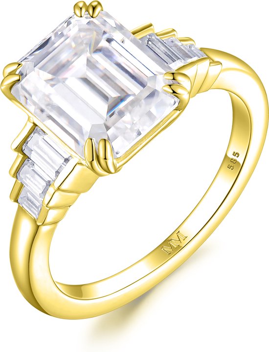 Rectanglo - 14k Geelgouden Smaragd Geslepen Moissanite Ring met Baguette Accenten - 1.75