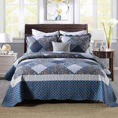 Gewatteerde beddensprei 220 x 240 cm voor bed, patchwork bedsprei gemaakt van microvezel, dunne winterdeken, omkeerbaar ontwerp, blauw met bloemenpatroon.