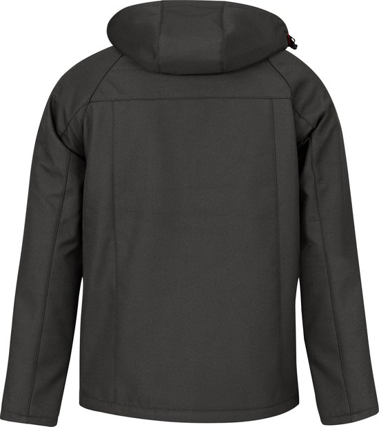 Achterkant van een donkergrijze softshell herenjas met capuchon.