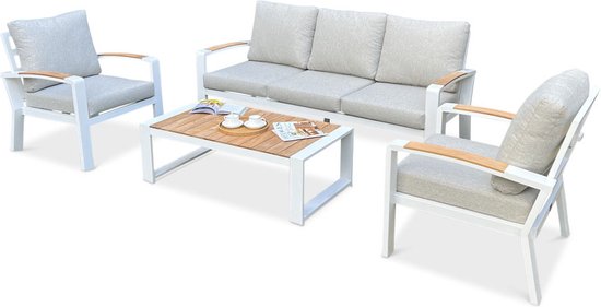 LUX outdoor living Seattle stoel-bank loungeset wit 4-delig | aluminium + polywood | 4 personen