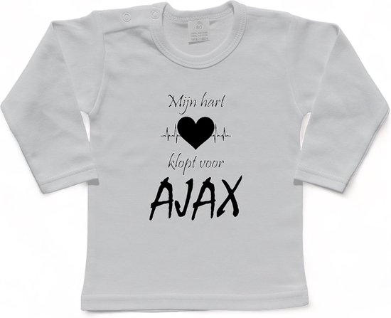 Amsterdam Kinder t-shirt Lange Mouw | "Mijn hart klopt voor AJAX | Verjaardagkado | verjaardag kado | grappig | jarig | Amsterdam | AJAX | cadeau | Cadeau | Wit/zwart | Maat 62
