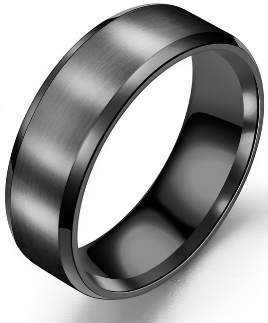Heren Ring Zwart met Strak Gepolijste Rand - Staal - Ringen Mannen Dames - Cadeau voor Man - Mannen Cadeautjes - TrendFox