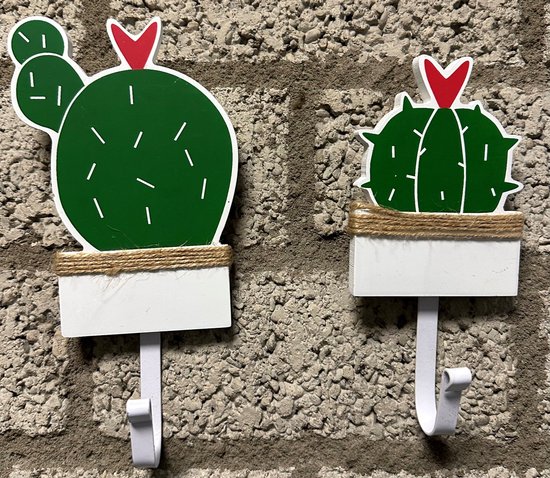 Decoratieve houten wandhaak "cactus" - Set van 2 stuks - Houtkleurig + groen - hoogte 22 x 8 x 1 cm - Woonaccessoires - Wandhaken - Cactus