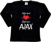 Amsterdam Kinder t-shirt Lange Mouw | "Mijn hart klopt voor AJAX | Verjaardagkado | verjaardag kado | grappig | jarig | Amsterdam | AJAX | cadeau | Cadeau | Zwart/wit/rood/wit | Maat 56