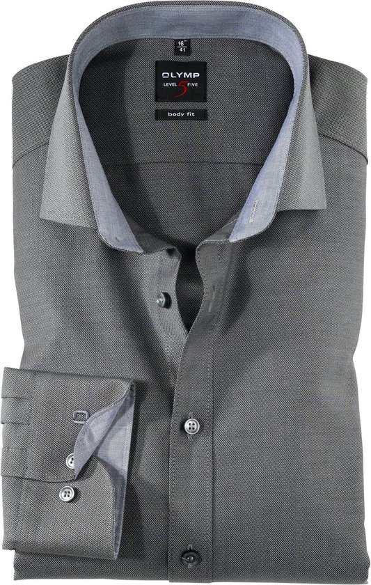 OLYMP Level 5 body fit overhemd - antraciet grijs structuur (contrast) - Strijkvriendelijk - Boordmaat: 41