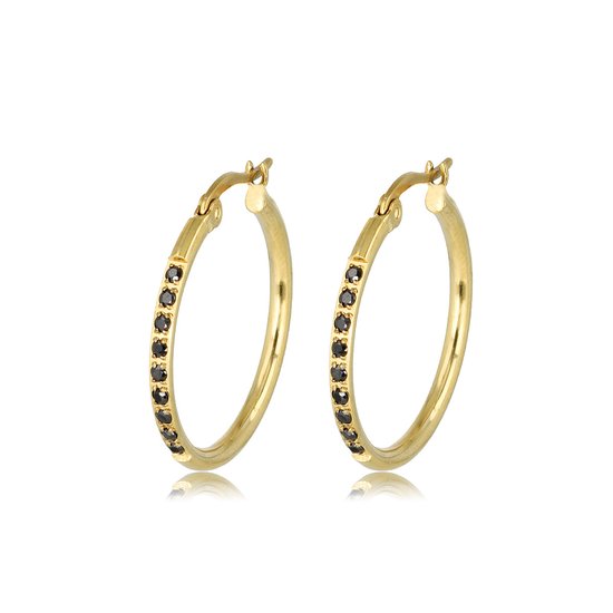 Gouden oorbellen zwart zirkonia 25mm x 2mm - Gouden oorringen met zwarte steentjes 25mm - Met luxe cadeauverpakking