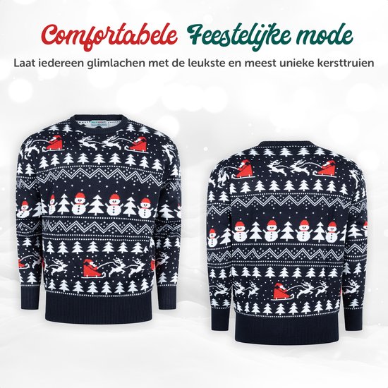 Voor- en achterkant van een marineblauwe kersttrui met witte en rode kerstmotieven.