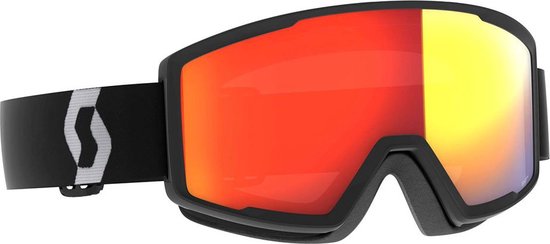 Zwarte skibril met schuimrand en rode en gele gespiegelde glazen. Zwarte band met wit Scott logo.